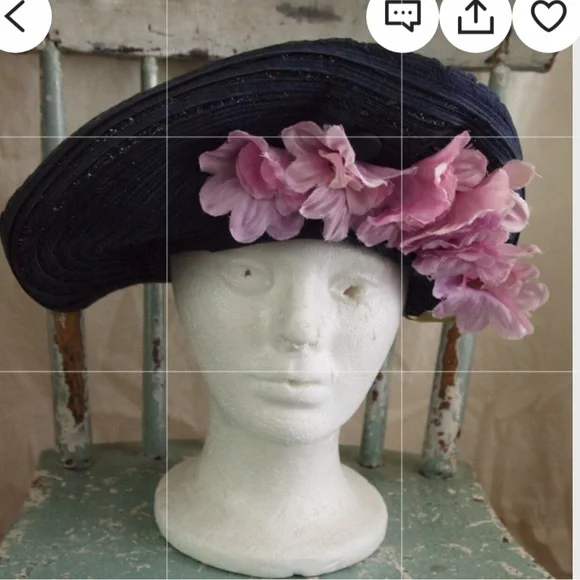 Vintage 1930\'s Hat navy pink flowers New York Creation Perfect! Vintage 30s 40s New York Creation Tilt Hat W Veil & Hot Pink  main image 2